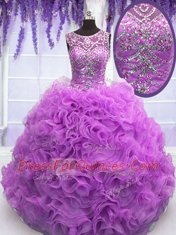 Scoop Sleeveless Quinceanera Dresses Floor Length Beading and Ruffles Lilac Organza