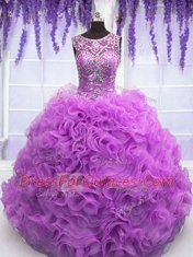 Scoop Sleeveless Quinceanera Dresses Floor Length Beading and Ruffles Lilac Organza