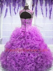 Scoop Sleeveless Quinceanera Dresses Floor Length Beading and Ruffles Lilac Organza