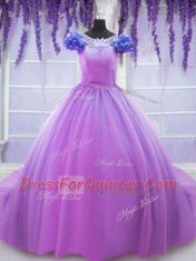 Lilac Ball Gowns Tulle Scoop Short Sleeves Hand Made Flower Floor Length Lace Up Sweet 16 Dress