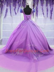 Lilac Ball Gowns Tulle Scoop Short Sleeves Hand Made Flower Floor Length Lace Up Sweet 16 Dress