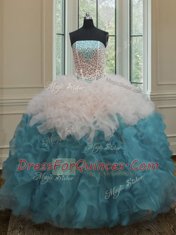 Best Selling Sleeveless Floor Length Beading and Ruffles Lace Up Sweet 16 Quinceanera Dress with Blue And White