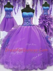 Classical Four Piece Embroidery and Ruffles Quinceanera Dress Lavender Lace Up Sleeveless Floor Length