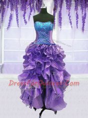 Classical Four Piece Embroidery and Ruffles Quinceanera Dress Lavender Lace Up Sleeveless Floor Length