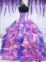 Classical Four Piece Embroidery and Ruffles Quinceanera Dress Lavender Lace Up Sleeveless Floor Length