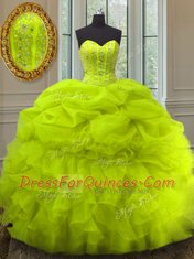 Affordable Yellow Green Organza Lace Up Quinceanera Gowns Sleeveless Floor Length Beading and Ruffles and Pick Ups