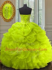 Affordable Yellow Green Organza Lace Up Quinceanera Gowns Sleeveless Floor Length Beading and Ruffles and Pick Ups