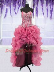 Cute Four Piece Pink Organza Lace Up Quinceanera Dress Sleeveless Floor Length Ruffled Layers and Sequins