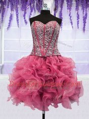 Cute Four Piece Pink Organza Lace Up Quinceanera Dress Sleeveless Floor Length Ruffled Layers and Sequins