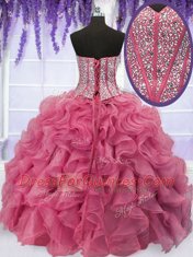 Cute Four Piece Pink Organza Lace Up Quinceanera Dress Sleeveless Floor Length Ruffled Layers and Sequins