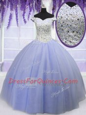 Off the Shoulder Floor Length Ball Gowns Short Sleeves Lavender Quince Ball Gowns Lace Up
