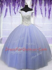 Off the Shoulder Floor Length Ball Gowns Short Sleeves Lavender Quince Ball Gowns Lace Up