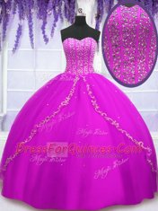 Sleeveless Floor Length Beading Lace Up Quinceanera Gowns with Fuchsia