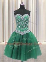 Three Piece Tulle Sweetheart Sleeveless Lace Up Beading and Ruffles Quince Ball Gowns in Green