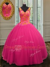 Hot Pink Sleeveless Tulle Zipper Quinceanera Dress for Military Ball and Sweet 16 and Quinceanera