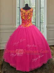 Hot Pink Sleeveless Tulle Zipper Quinceanera Dress for Military Ball and Sweet 16 and Quinceanera