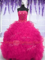 Artistic Strapless Sleeveless Organza Sweet 16 Dress Beading and Ruffles Brush Train Lace Up