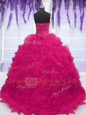 Artistic Strapless Sleeveless Organza Sweet 16 Dress Beading and Ruffles Brush Train Lace Up
