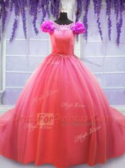 Unique Watermelon Red Vestidos de Quinceanera Military Ball and Sweet 16 and Quinceanera and For with Hand Made Flower Scoop Short Sleeves Court Train Lace Up
