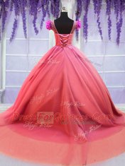 Unique Watermelon Red Vestidos de Quinceanera Military Ball and Sweet 16 and Quinceanera and For with Hand Made Flower Scoop Short Sleeves Court Train Lace Up