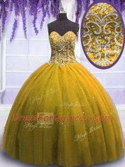 Brown Ball Gowns Beading Quince Ball Gowns Lace Up Tulle Sleeveless Floor Length