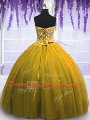 Brown Ball Gowns Beading Quince Ball Gowns Lace Up Tulle Sleeveless Floor Length