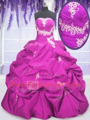 New Style Sleeveless Taffeta Floor Length Lace Up Vestidos de Quinceanera in Fuchsia with Appliques and Pick Ups