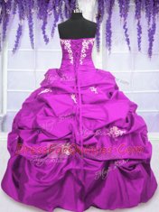 New Style Sleeveless Taffeta Floor Length Lace Up Vestidos de Quinceanera in Fuchsia with Appliques and Pick Ups