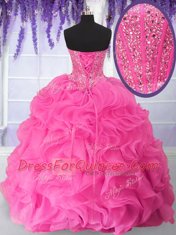 Decent Sweetheart Sleeveless Lace Up Quinceanera Gowns Hot Pink Organza