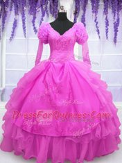 Exquisite Hot Pink Lace Up V-neck Beading and Embroidery and Hand Made Flower 15 Quinceanera Dress Organza Long Sleeves