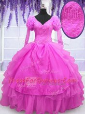 Exquisite Hot Pink Lace Up V-neck Beading and Embroidery and Hand Made Flower 15 Quinceanera Dress Organza Long Sleeves