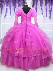 Exquisite Hot Pink Lace Up V-neck Beading and Embroidery and Hand Made Flower 15 Quinceanera Dress Organza Long Sleeves