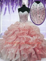 Watermelon Red Sweetheart Neckline Beading and Ruffles Quinceanera Gown Sleeveless Lace Up