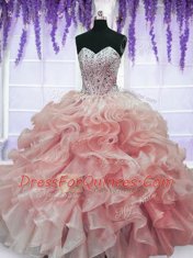 Watermelon Red Sweetheart Neckline Beading and Ruffles Quinceanera Gown Sleeveless Lace Up
