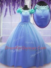 Scoop Short Sleeves Quinceanera Dress Court Train Hand Made Flower Blue Tulle