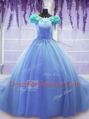 Scoop Short Sleeves Quinceanera Dress Court Train Hand Made Flower Blue Tulle