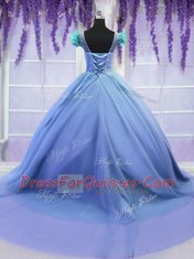 Scoop Short Sleeves Quinceanera Dress Court Train Hand Made Flower Blue Tulle