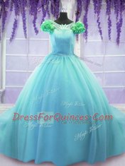 Scoop Hand Made Flower Quinceanera Gowns Blue Lace Up Short Sleeves Court Train
