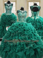 Charming Four Piece Dark Green Lace Up Scoop Beading and Ruffles Quinceanera Gowns Organza Sleeveless
