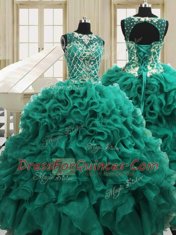 Charming Four Piece Dark Green Lace Up Scoop Beading and Ruffles Quinceanera Gowns Organza Sleeveless
