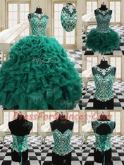 Charming Four Piece Dark Green Lace Up Scoop Beading and Ruffles Quinceanera Gowns Organza Sleeveless