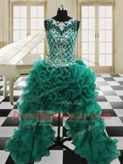 Charming Four Piece Dark Green Lace Up Scoop Beading and Ruffles Quinceanera Gowns Organza Sleeveless