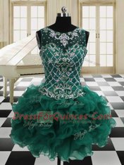 Charming Four Piece Dark Green Lace Up Scoop Beading and Ruffles Quinceanera Gowns Organza Sleeveless