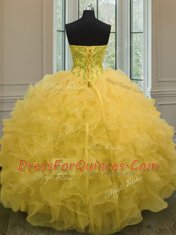 High End Gold Ball Gowns Organza Sweetheart Sleeveless Beading and Ruffles Floor Length Lace Up Quince Ball Gowns