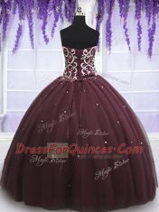 Eye-catching Sleeveless Tulle Floor Length Lace Up Quinceanera Dress in Dark Purple with Beading and Appliques