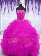 Sleeveless With Train Beading and Appliques and Ruffles Lace Up 15 Quinceanera Dress with Fuchsia Brush Train