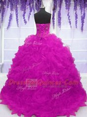 Sleeveless With Train Beading and Appliques and Ruffles Lace Up 15 Quinceanera Dress with Fuchsia Brush Train