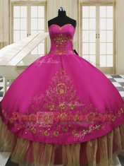 Fuchsia Sweetheart Neckline Beading and Embroidery Sweet 16 Dresses Sleeveless Lace Up