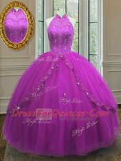 Fuchsia Lace Up High-neck Beading and Appliques Ball Gown Prom Dress Tulle Sleeveless