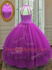 Fuchsia Lace Up High-neck Beading and Appliques Ball Gown Prom Dress Tulle Sleeveless